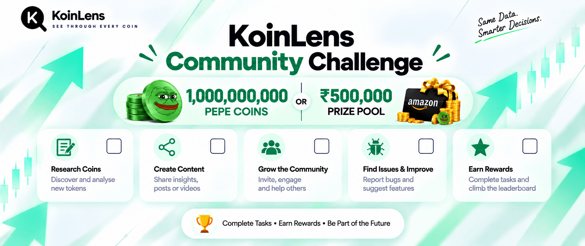 KoinLens Community Challenge task categories — research coins, create content, grow the community, find issues and improve, earn rewards.
